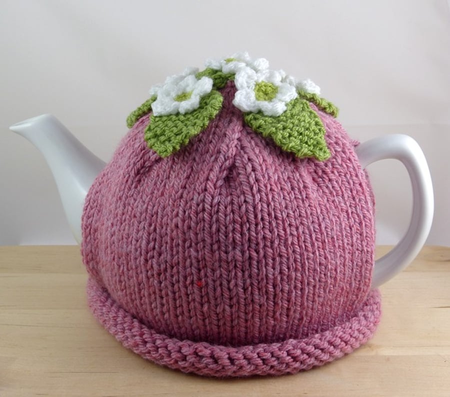 Hand Knitted 'Strawberry Blossom' Tea Cosy