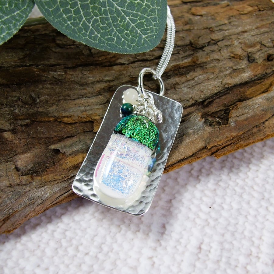 Sparkly Necklace, Sterling Silver, Artisan Glass and Gemstone Pendant 
