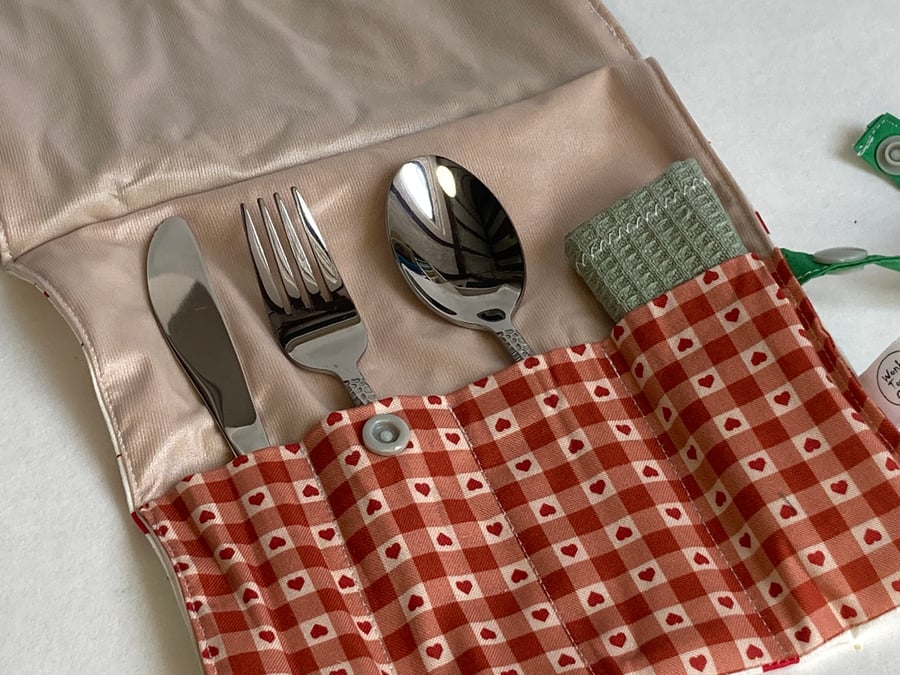 Travel cutlery roll with cutlery, for adults or children. Fruity patterns.