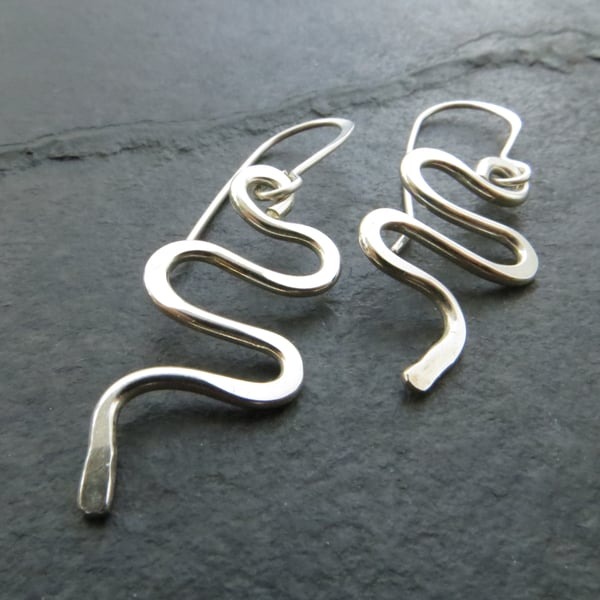 Sterling silver wave earrings, Shorter length, Forged curvy earrings