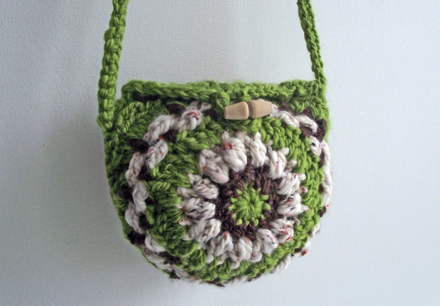 Crossbody Pouch, Small Boho Purse, Hip Bag, Handspun,Crochet Green, Cream, Brown