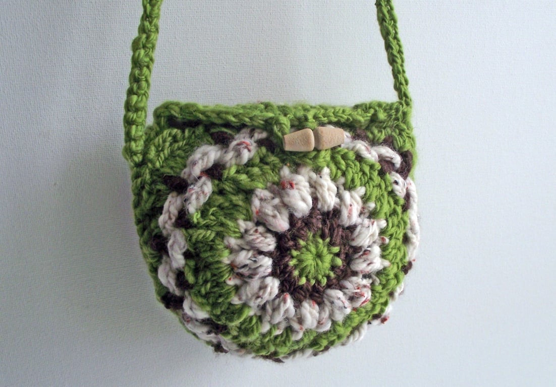 Crossbody Pouch, Small Boho Purse, Hip Bag, Handspun,Crochet Green, Cream, Brown