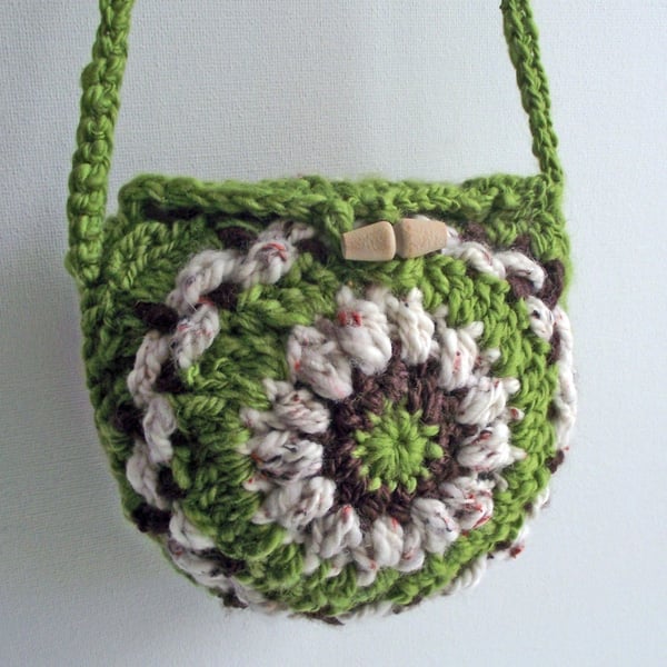 Crossbody Pouch, Small Boho Purse, Hip Bag, Handspun,Crochet Green, Cream, Brown