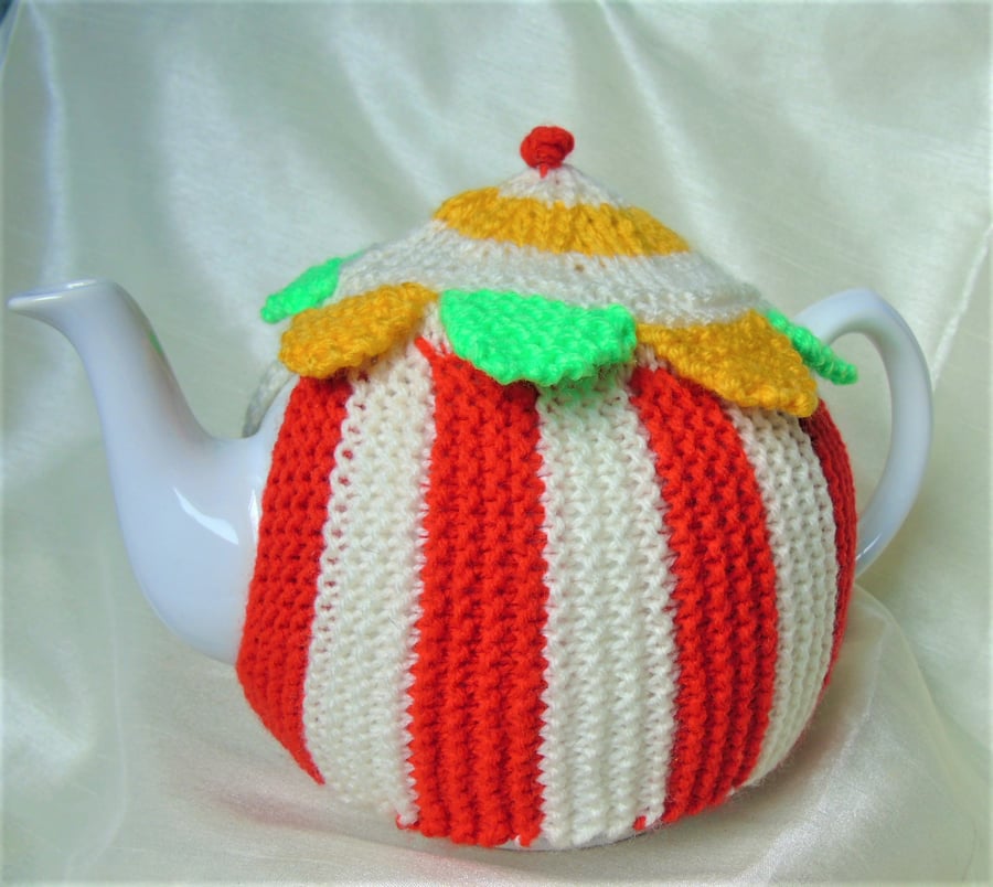 Hand knitted Tea Cosy - Country Fair Tent with bunting to fit a large teapot