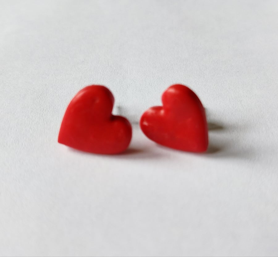 Red polymer clay heart stud earrings