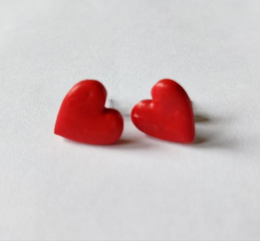 Red polymer clay heart stud earrings