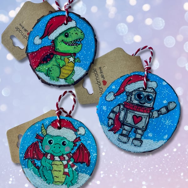6 Hand Painted Natural wood Decorations - Little Christmas Hero's Collection
