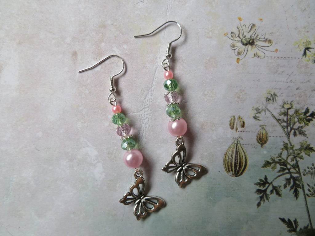 Pastel Pale Pink & Green Beaded Butterfly Whimsy Garden Dangle Earrings