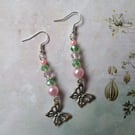 Pastel Pale Pink & Green Beaded Butterfly Whimsy Garden Dangle Earrings