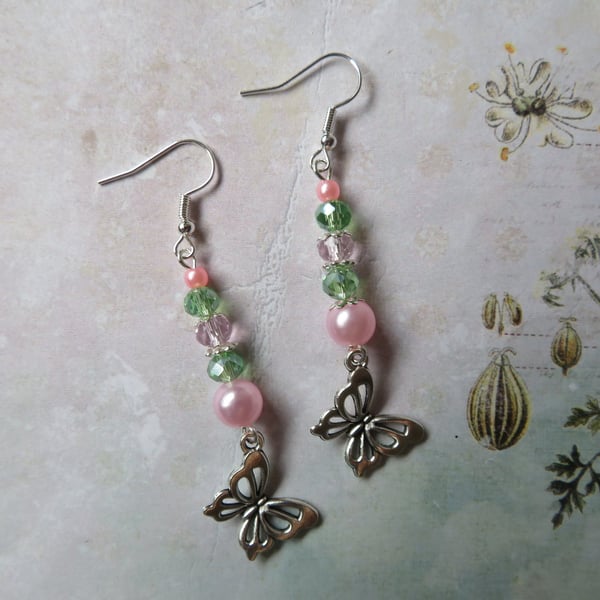 Pastel Pale Pink & Green Beaded Butterfly Whimsy Garden Dangle Earrings