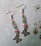 Pastel Pale Pink & Green Beaded Butterfly Whimsy Garden Dangle Earrings