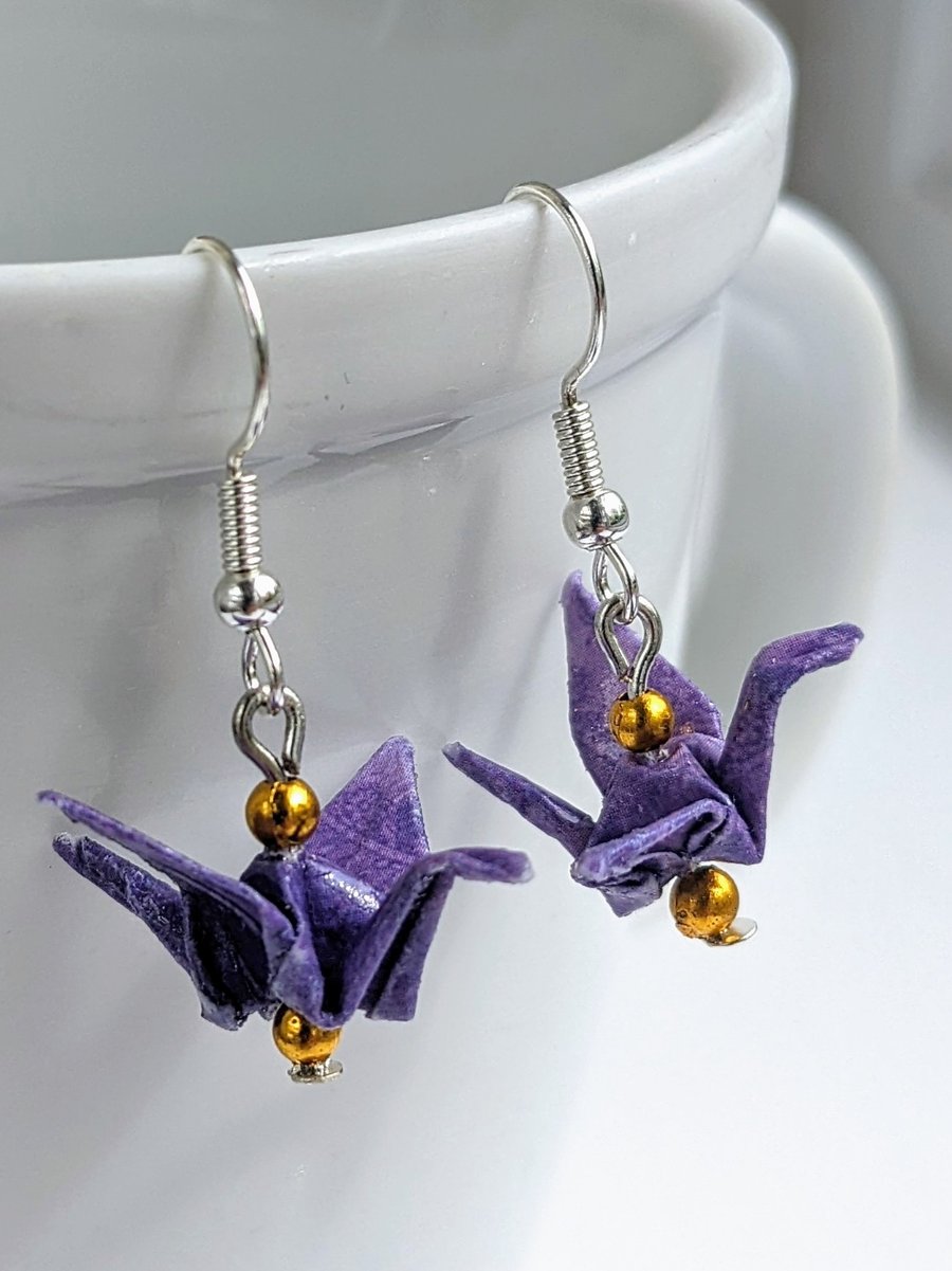 Origami Crane Bird Earrings Purple, Japanese, Paper, Unique, Good luck gift