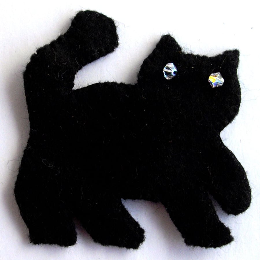 Lucky Black Cat Felt Brooch with Swarovski Crystal Eyes