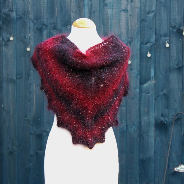 Triangular lace shawl in red & black sparkly Mohair yarn - design A197