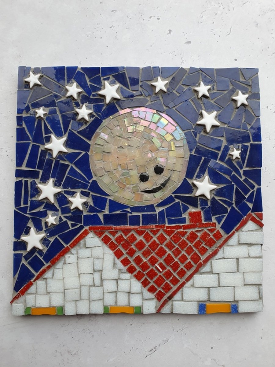 Moon Mosaic, moon art, mosaic moon, moon, moon wall hanging, moon tile 