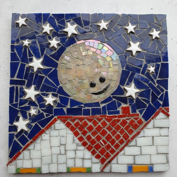 Moon Mosaic, moon art, mosaic moon, moon, moon wall hanging, moon tile 