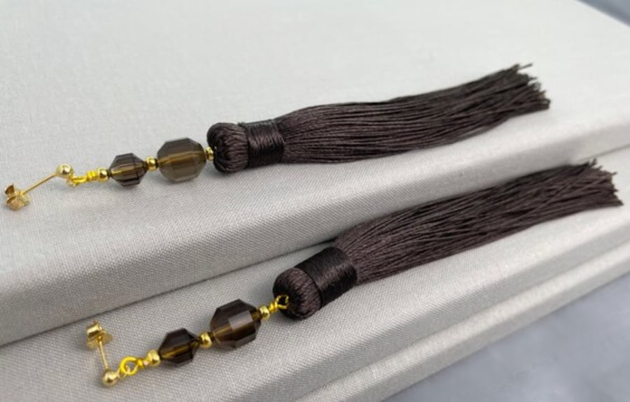 Elegant Smoky Quartz Long Brown Tassel Earrings