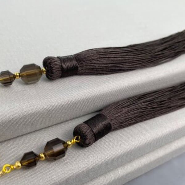 Elegant Smoky Quartz Long Brown Tassel Earrings