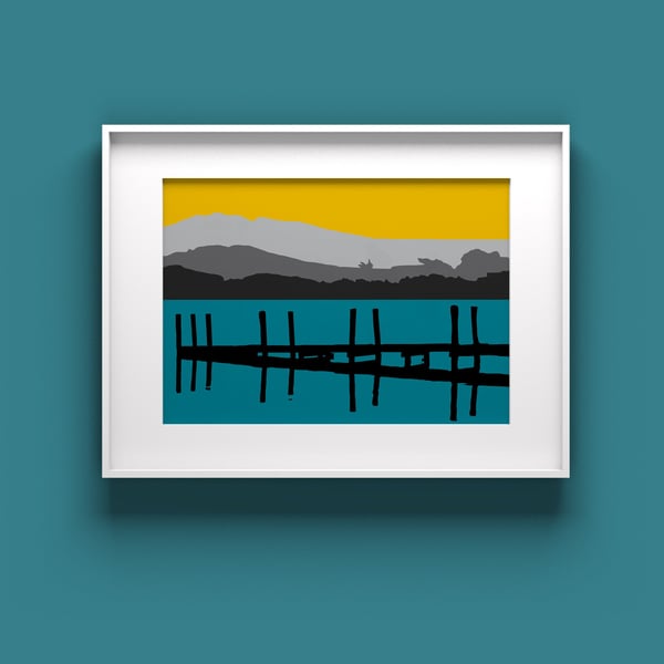 Mountain lake print, bright blue art print, inspirational nature art, 