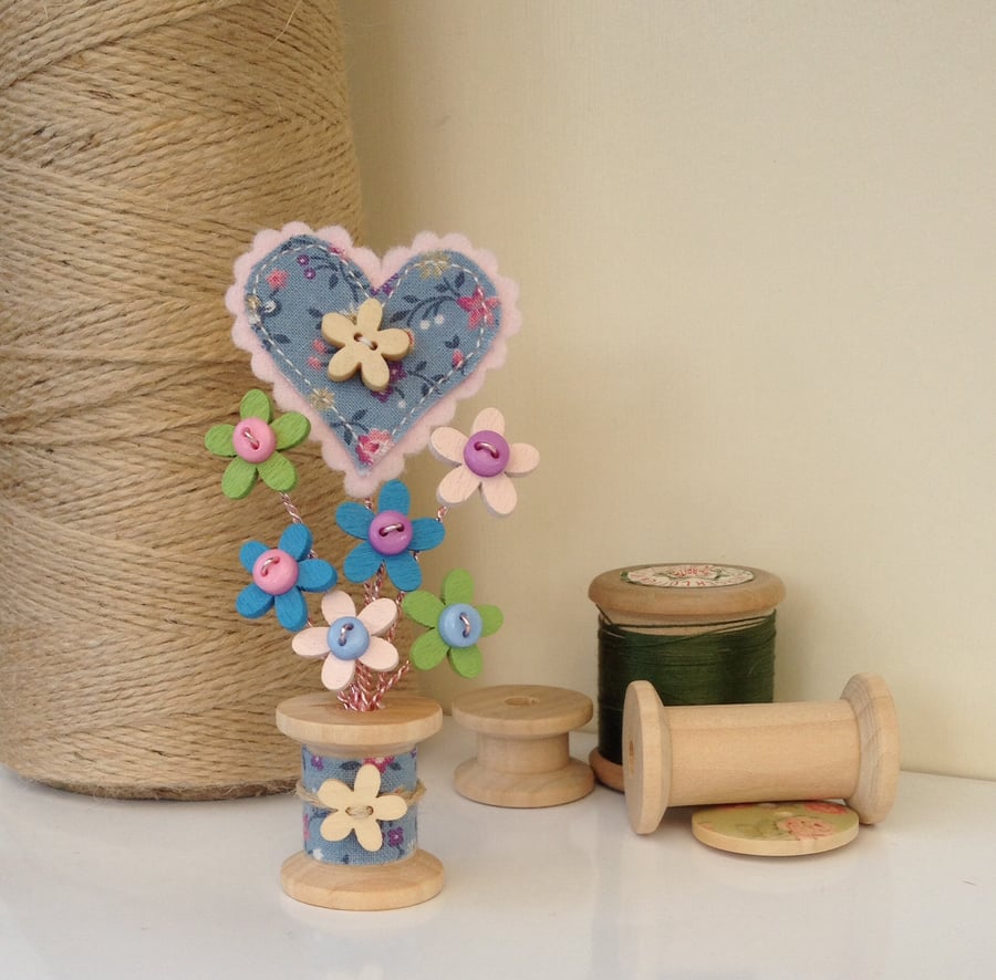 Button Bobbin Posy - Pale pink, green & blue