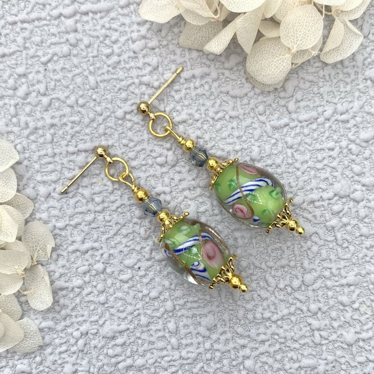 Lampwork Vintage Style Green Drop Earrings