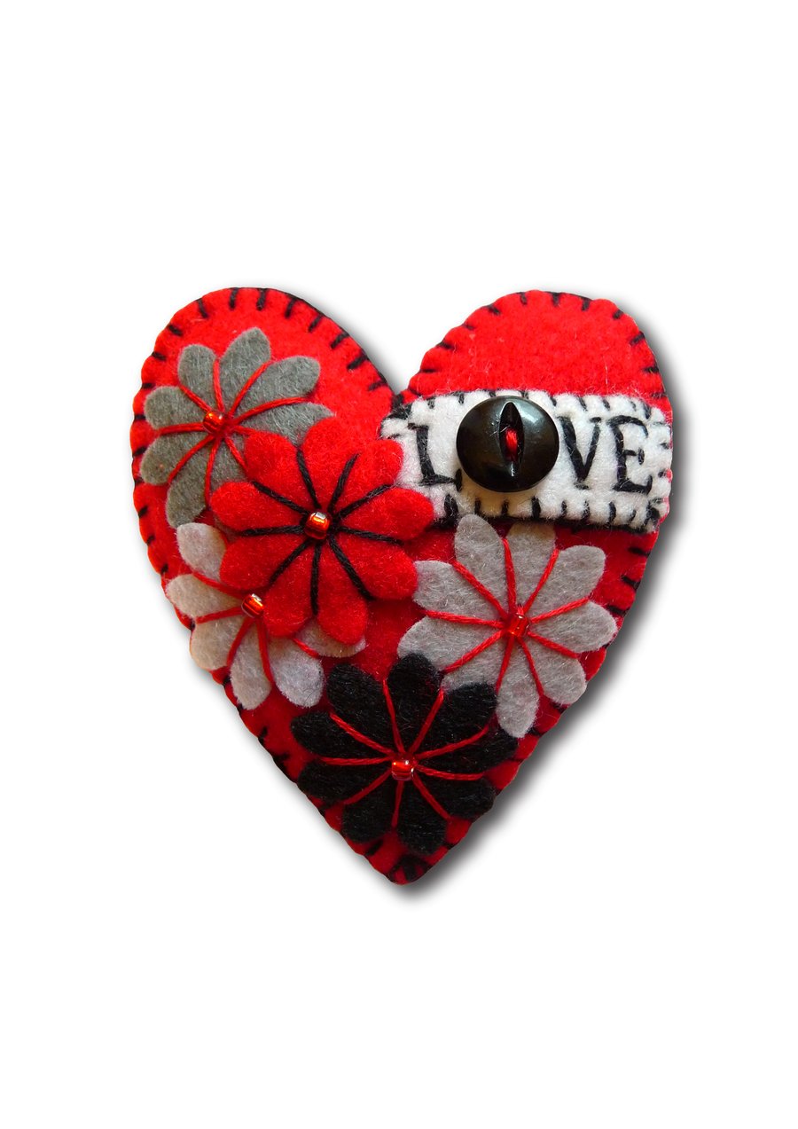 FB117 - Hot Red LOVE Heart Shape Handmade Felt Brooch For Your Loved One 