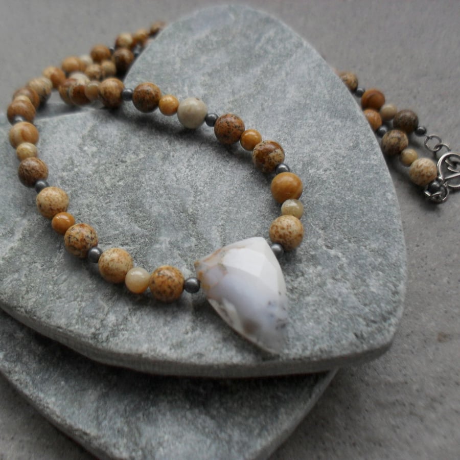 Picture Jasper and Dendritic Agate  Beaded Necklace 