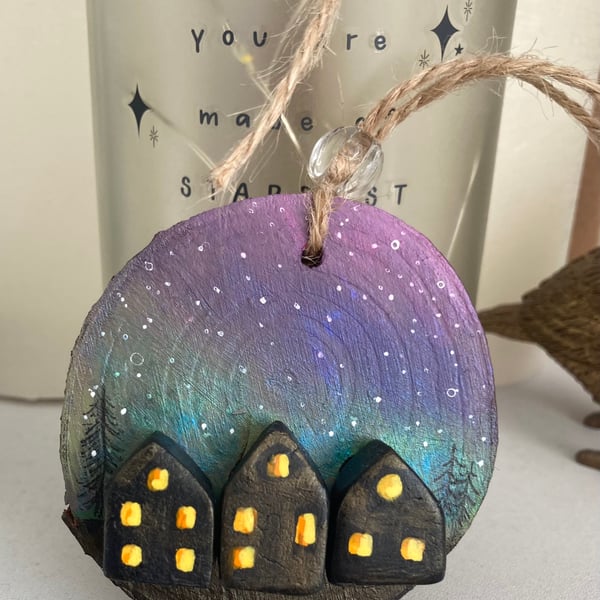 Northern Lights Aurora Hand Painted Wood Slice Folksy