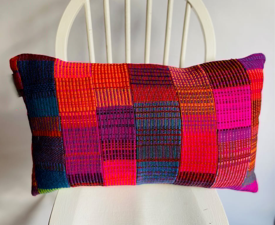 Patchwork 4:Hand woven 100% wool cushion, designed and made by Yvonne Skelton