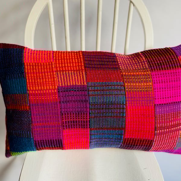 Patchwork 4:Hand woven 100% wool cushion, designed and made by Yvonne Skelton