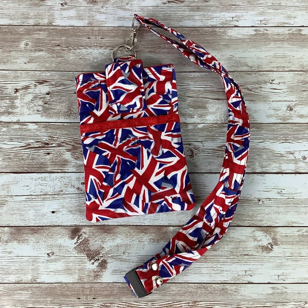 Union Jack Lanyard Pouch, Flag, Phone, Travel, Detachable lanyard, Handmade