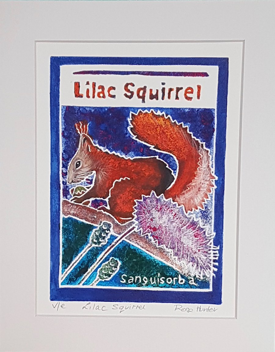 Lilac Squirrel - original hand painted lino print 001
