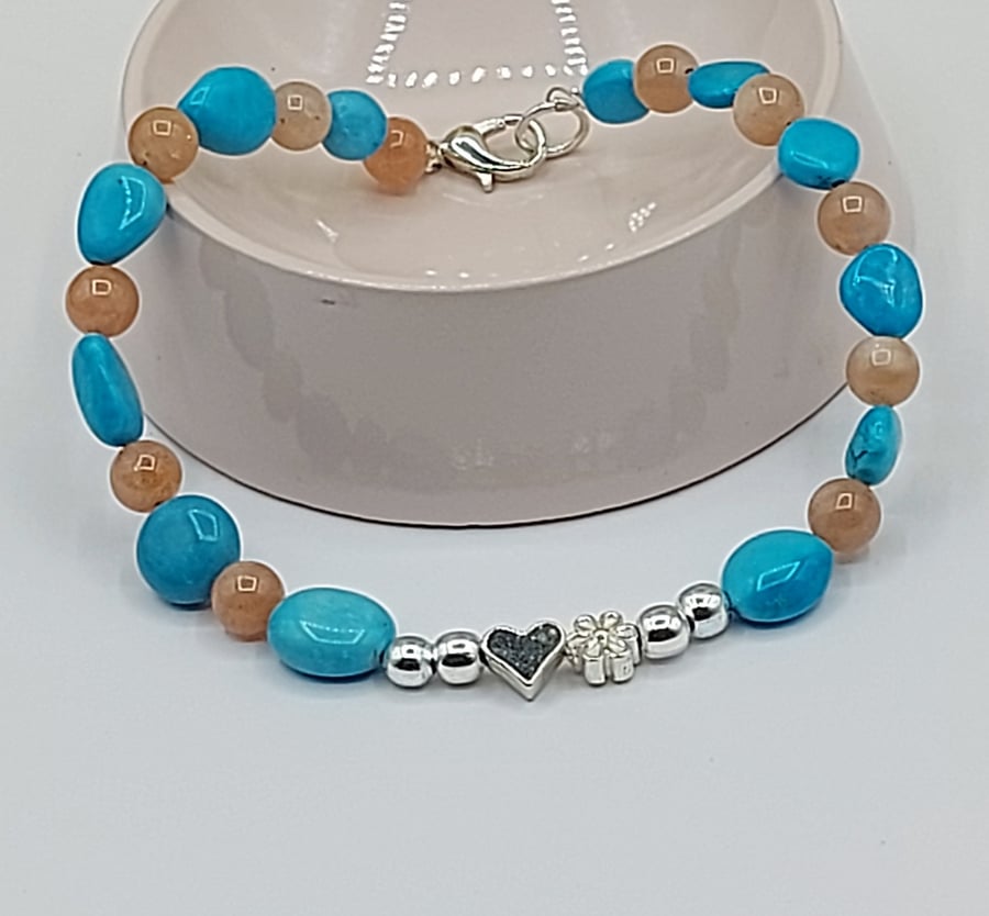 Turquoise And Sunstone  Bracelet, Beaded Bracelet