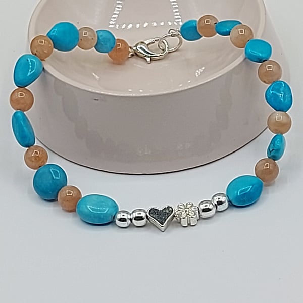 Turquoise And Sunstone  Bracelet, Beaded Bracelet