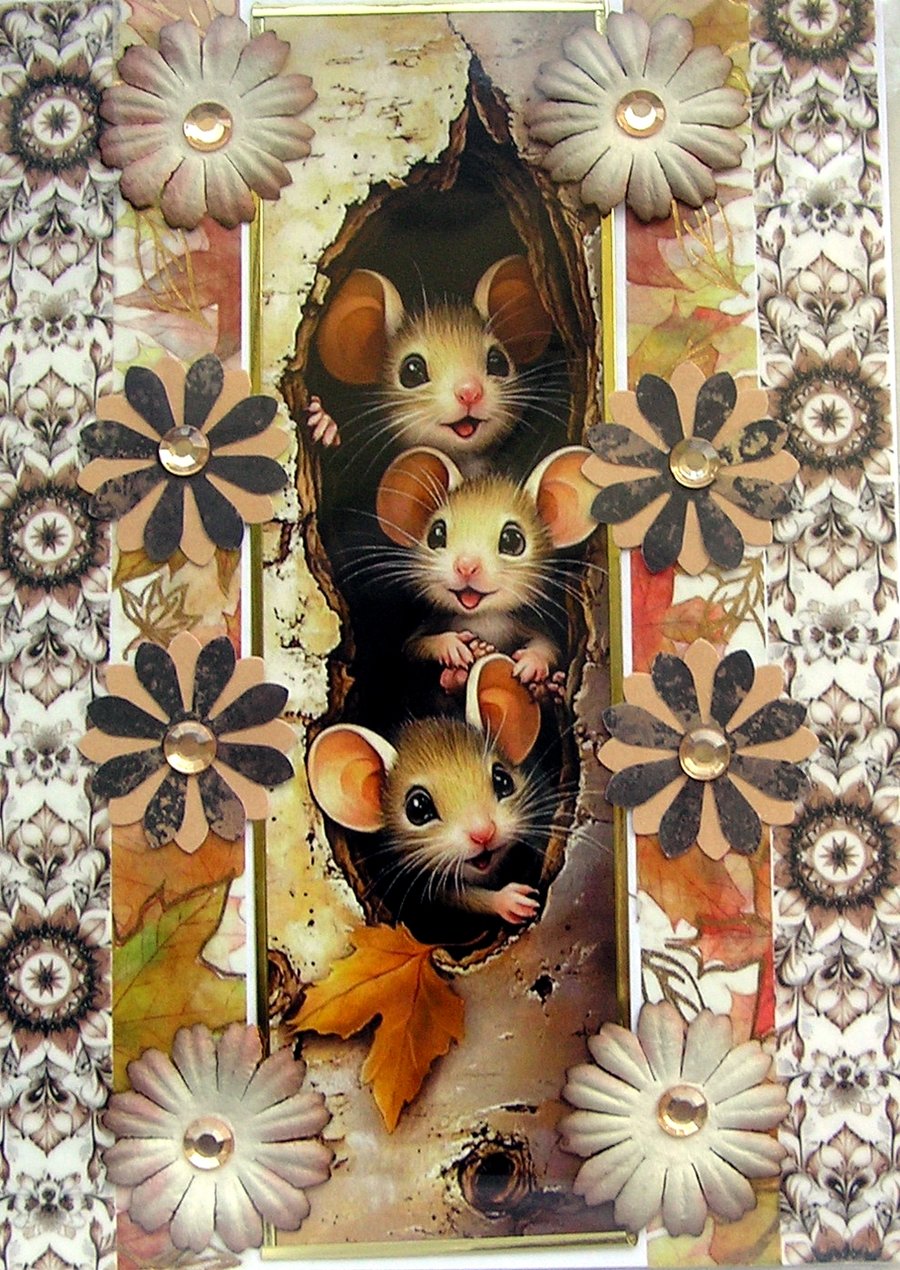 Image of Playful Mice Mouse - Hand Crafted Decoupage Greeting Card - Blank (3789)