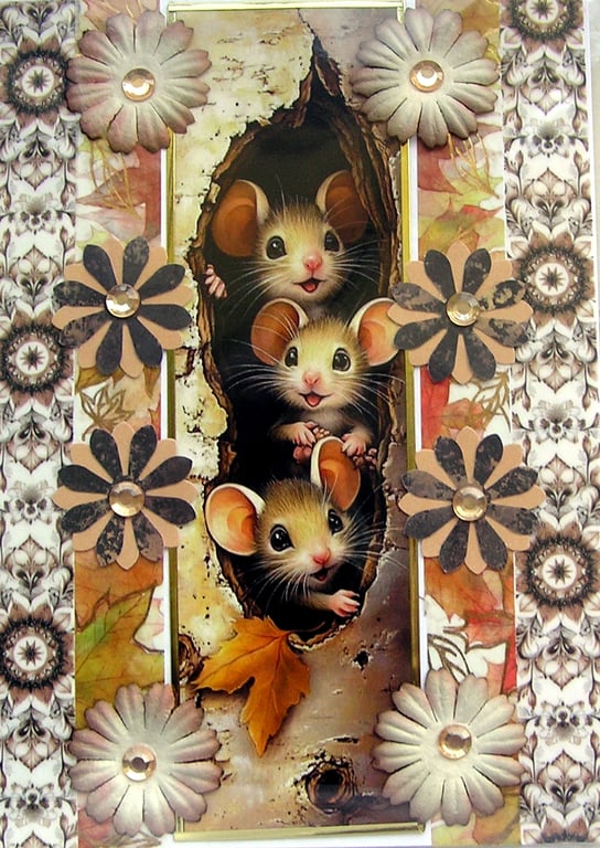 Playful Mice Mouse - Hand Crafted Decoupage Greeting Card - Blank (3789)