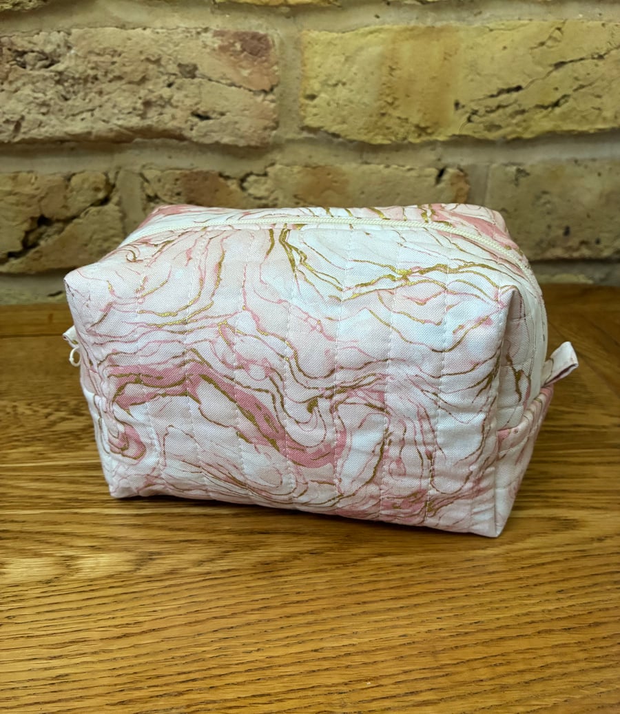 Pink And Gold Marble Effect Box Shape Makeup Bag