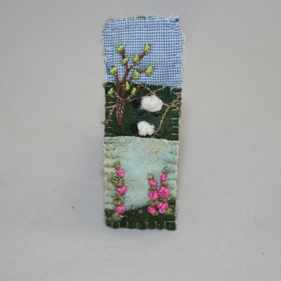 SALE Embroidered Appliqued Brooch - Foxgloves and sheep