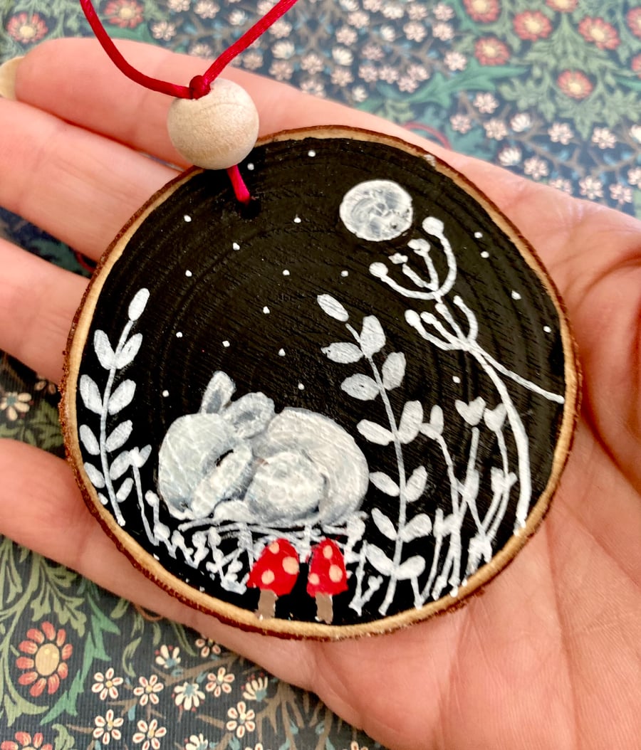 Sleeping Baby Rabbit Under Moon Hand Painted Wood Slice Hanging Decoration 