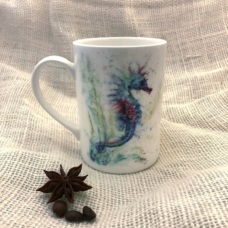 Seahorse Watercolour Bone China Mug, 10oz China Cup, Gift, Wildlife Art Mug by W