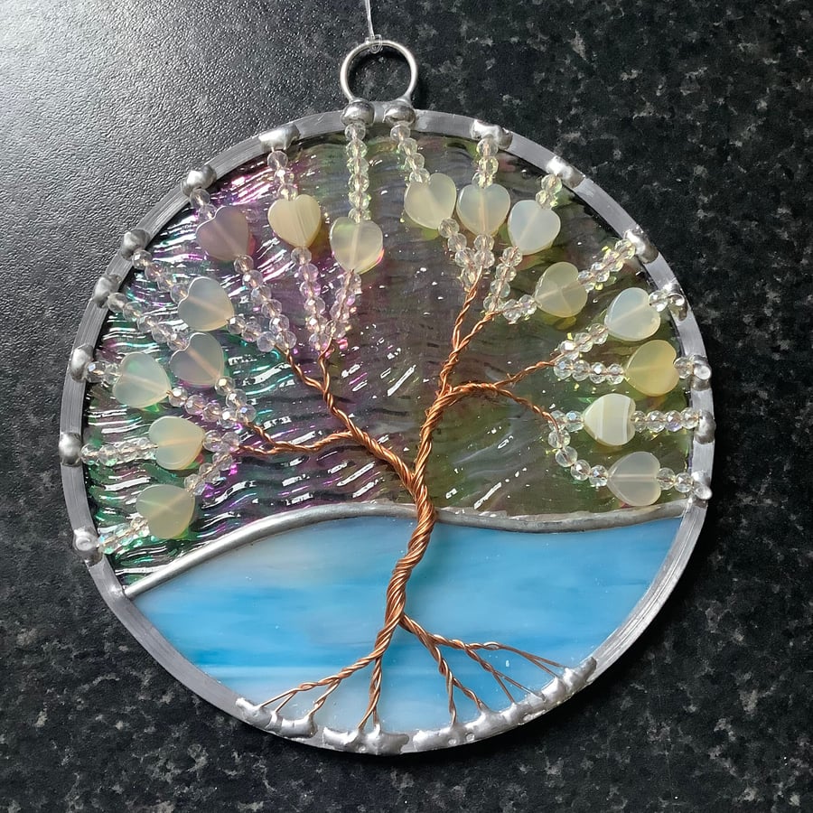 White agate heart bead tree of life suncatcher