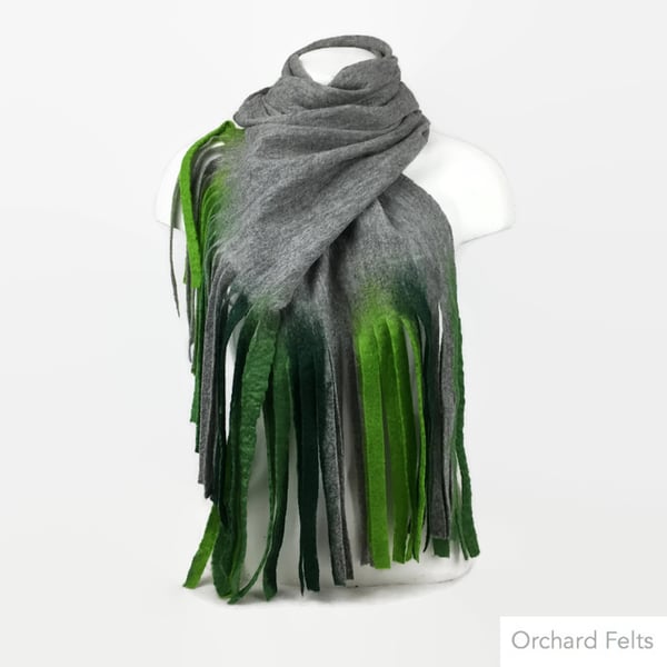 Seconds Sunday - Wet felted long merino wool grey scarf with green tassels