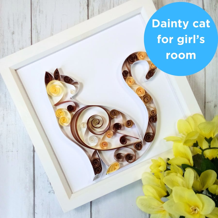 Cat framed quilled art, Framed quilling paper artwork for childs bedroom 