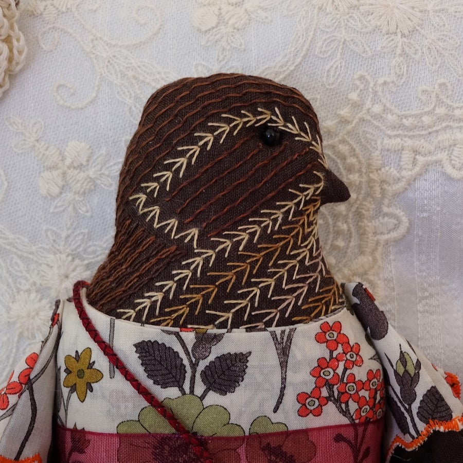 Dulce - A Hand Embroidered Wren Folk Art Rag  Doll