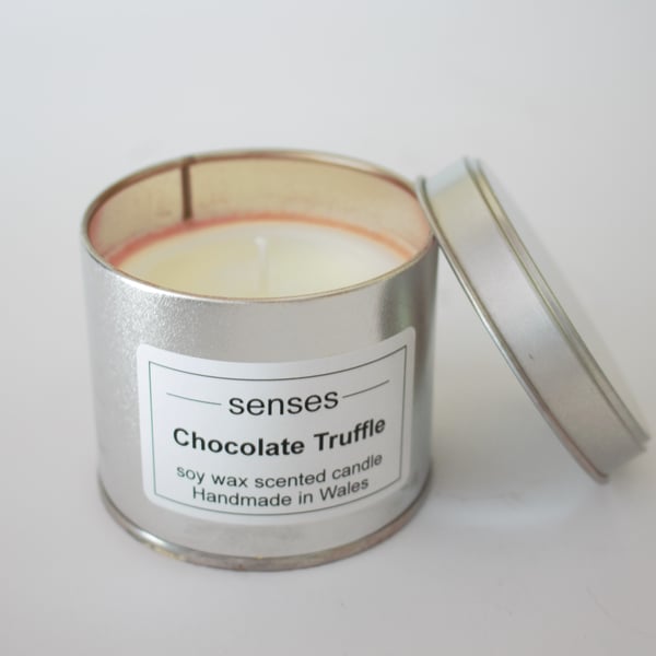 Chocolate Truffle scented soy wax candle tin handmade in Wales
