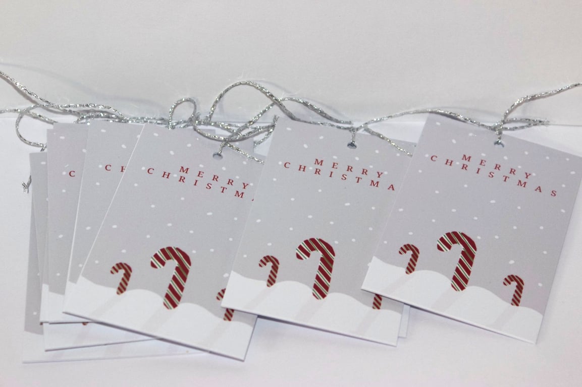 9 candy cane christmas gift tags, gift wrapping accessory, silver, red
