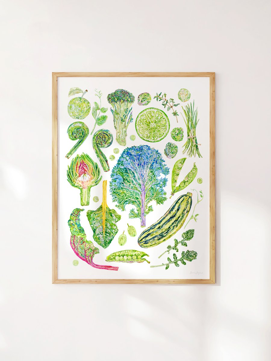 Green Fruit and Vegetable Art Print - Illustrated food art printed sustainably