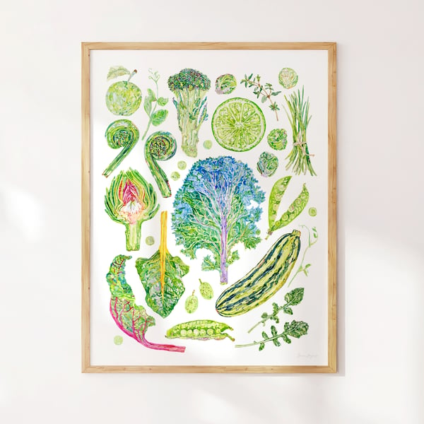 Green Fruit and Vegetable Art Print - Illustrated food art printed sustainably