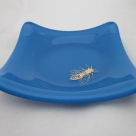 Handmade  fused glass trinket bowl or soap dish - gold wasp on Egyptian blue