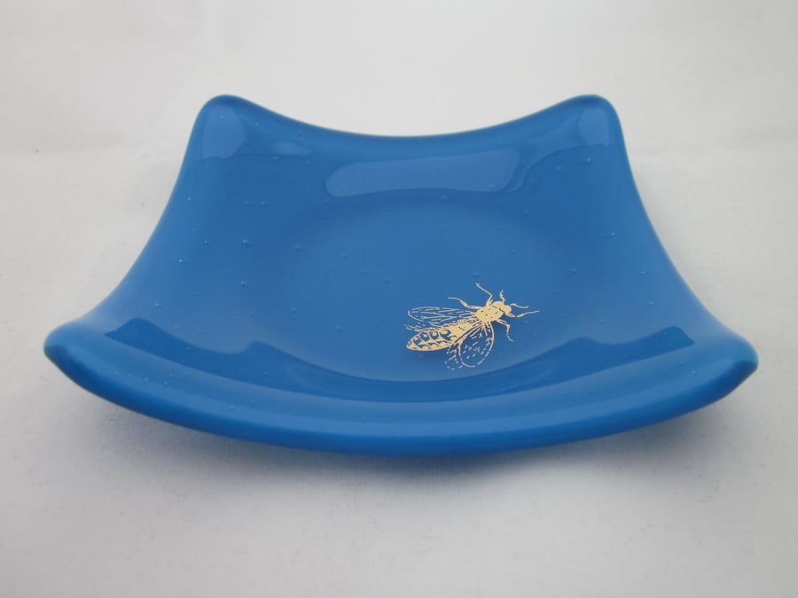 Handmade  fused glass trinket bowl or soap dish - gold wasp on Egyptian blue